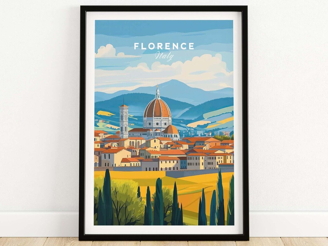Florence Italy Duomo Cathedral Tuscan Hills Vintage Travel Poster