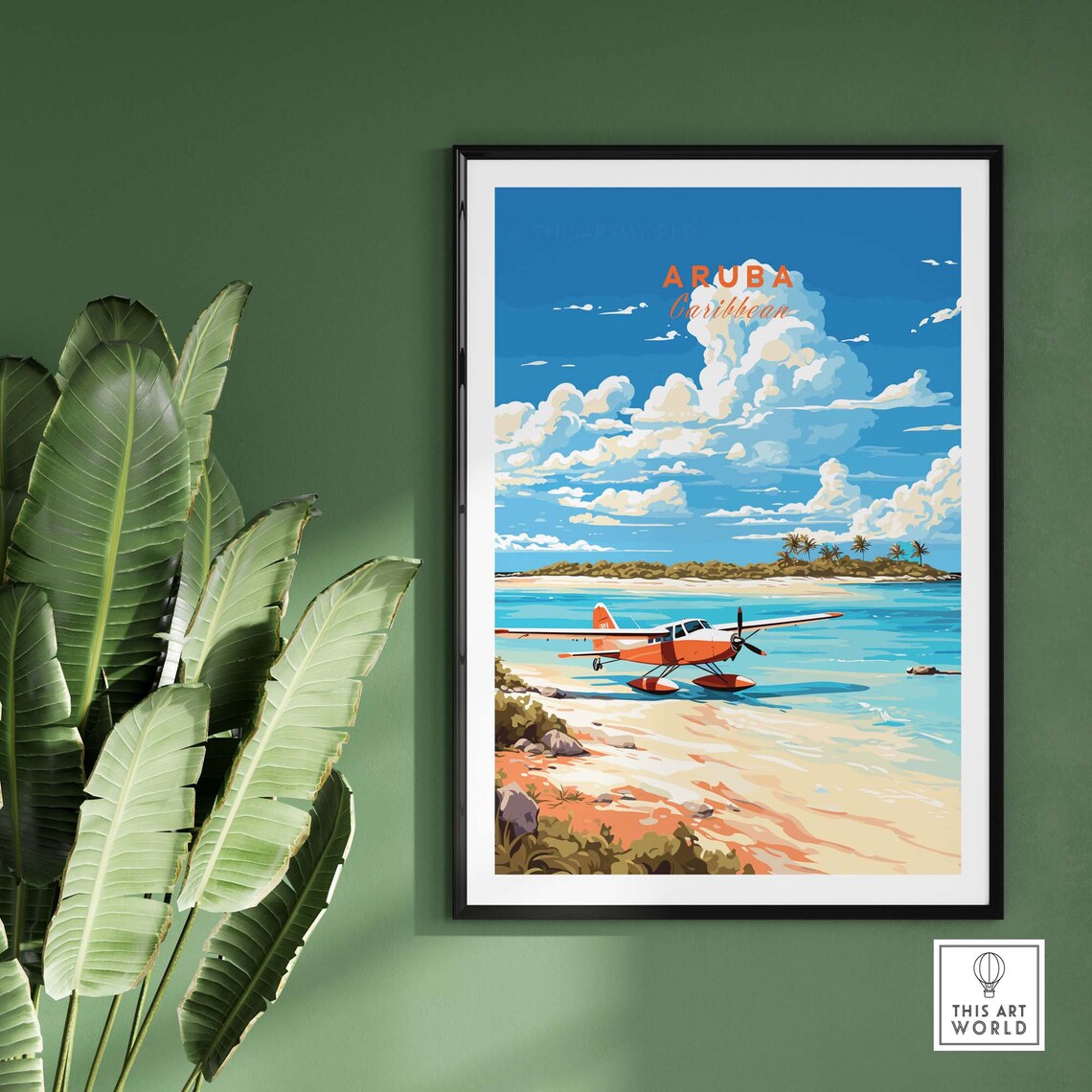 Aruba Caribbean Red Seaplane Vintage Cloud Illustration Travel Poster - Image 2