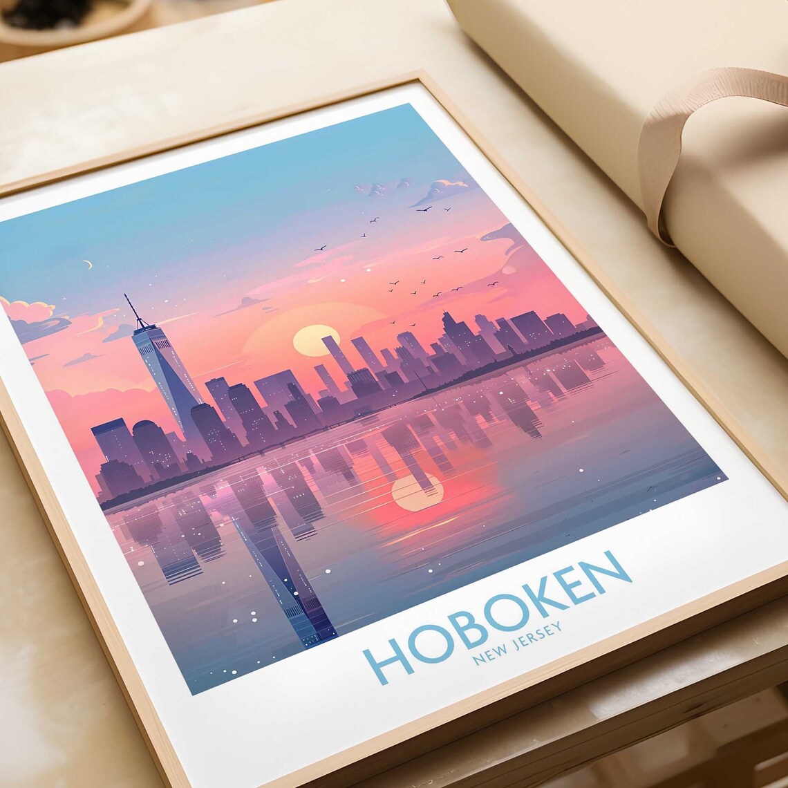 Hoboken New Jersey Sunset Skyline Waterfront Reflection Travel Poster