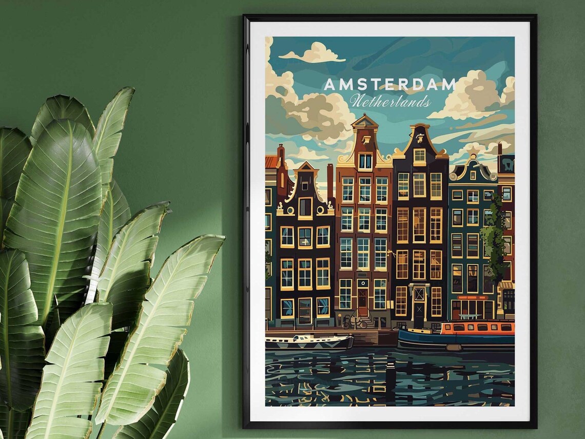 Amsterdam Canal Houses City Reflection Netherlands Travel Poster