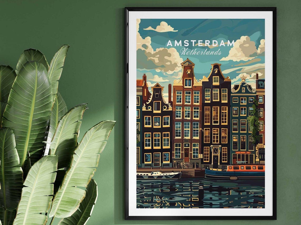 Amsterdam Travel Print Canal Houses Wall Art Poster Home Decor Artwork Gift Illustration Lover