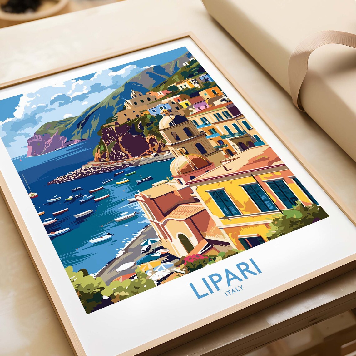 Lipari Italy Hillside Town Overlooking Colorful Harbor Bay Poster