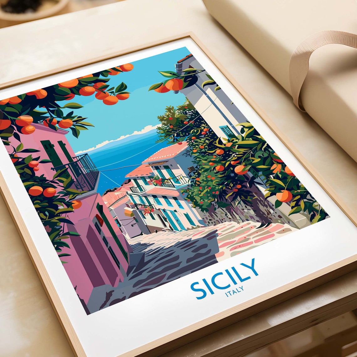 Sicily Italy Cobblestone Street Orange Trees Coastal Village Poster