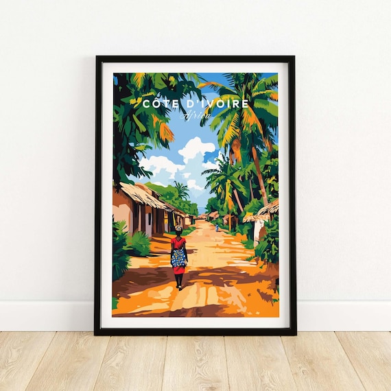Cote dIvoire Africa Palm Village Road Golden Light Travel Poster