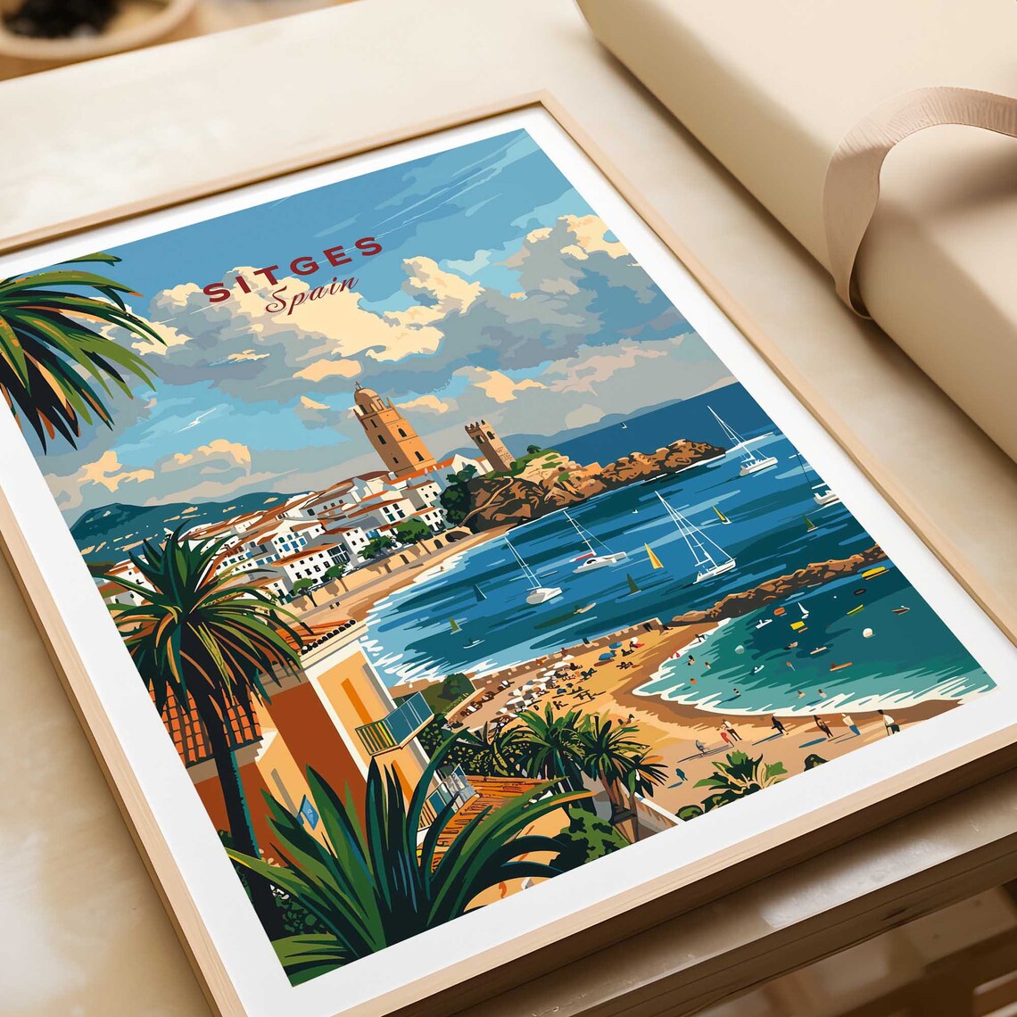 Sunny Sitges Spain Beach Church Sailboats Palm Coast View Poster
