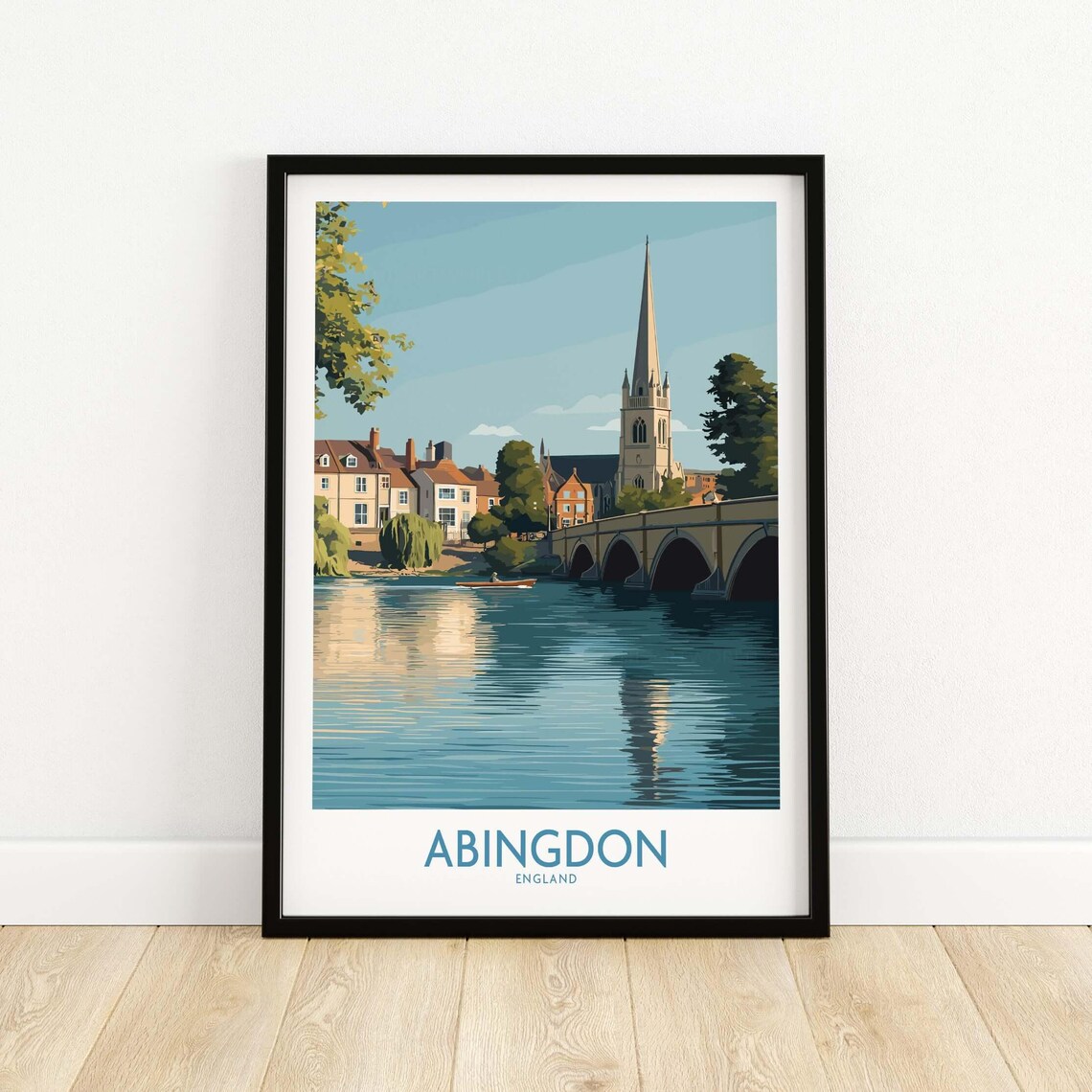 Abingdon England Bridge Church Spire Riverside Travel Poster Scene