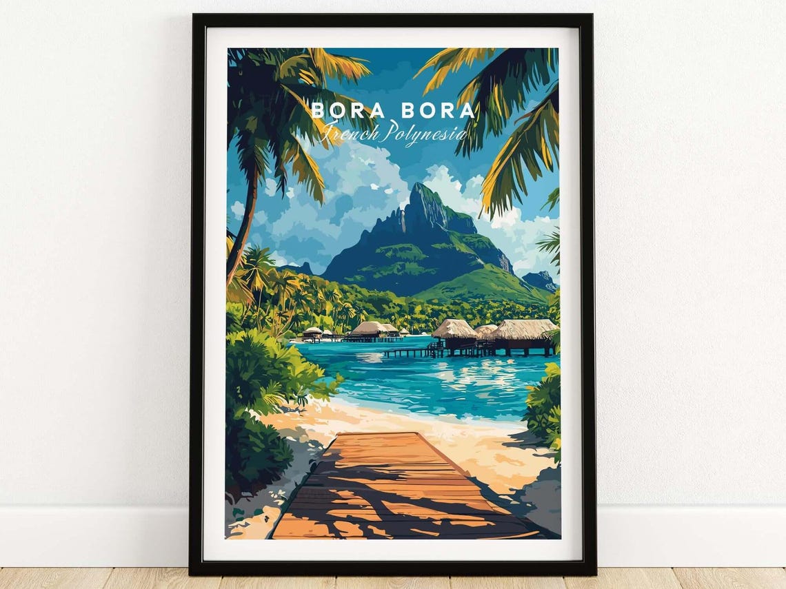 Bora Bora French Polynesia Lagoon Bungalows Palm Travel Poster