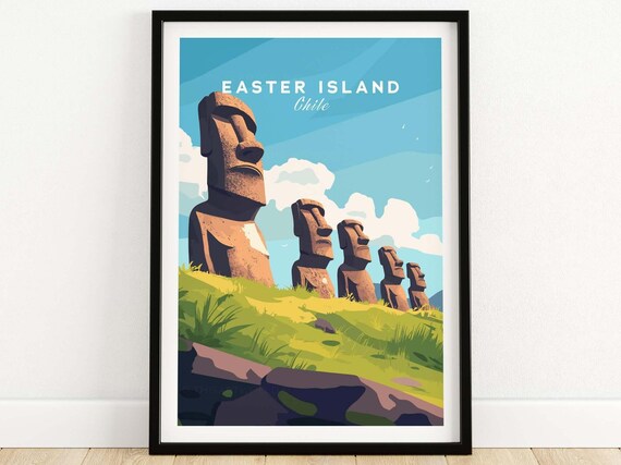 Easter Island Chile Moai Stone Statues Blue Sky Ancient Travel Poster
