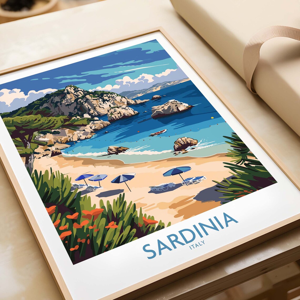 Sardinia Italy Sandy Beach Umbrellas Rocky Coves Kayak Poster
