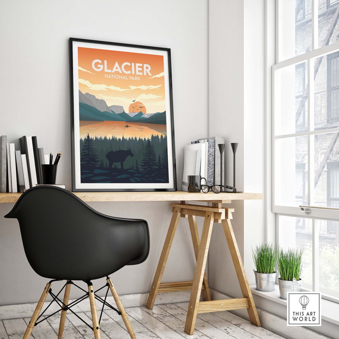 Retro Glacier National Park Sunset Lake Mountain Goat Poster - Image 4