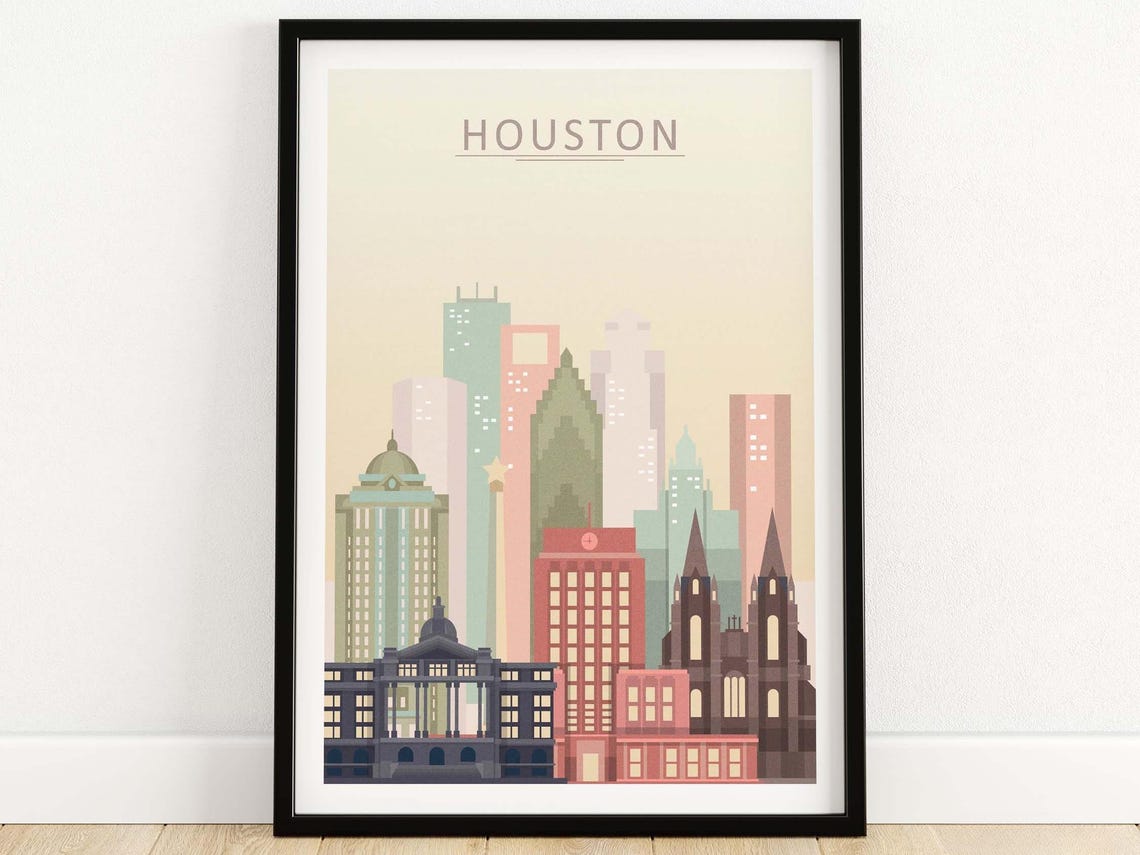 Houston Texas Pastel Skyline Cityscape Downtown Travel Poster