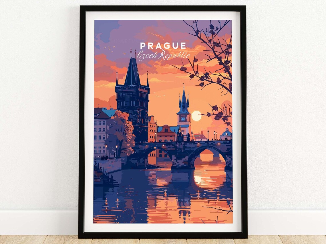 Prague Czech Republic Charles Bridge Sunset River Travel Poster