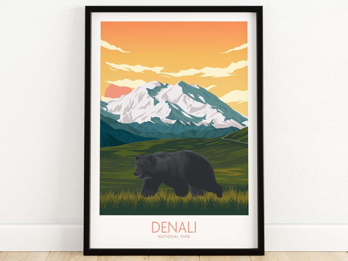 Denali National Park Alaska Grizzly Bear Vintage Travel Poster