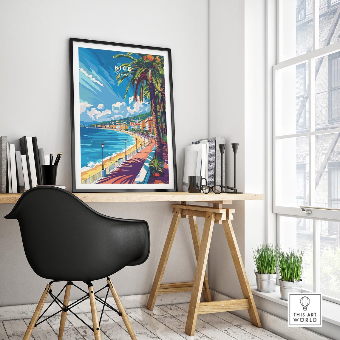Nice France Sunny Bay Beach Promenade Lamps Palm Art View Poster - Image 4
