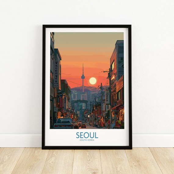 Seoul South Korea Sunset Street with N Seoul Tower View Poster