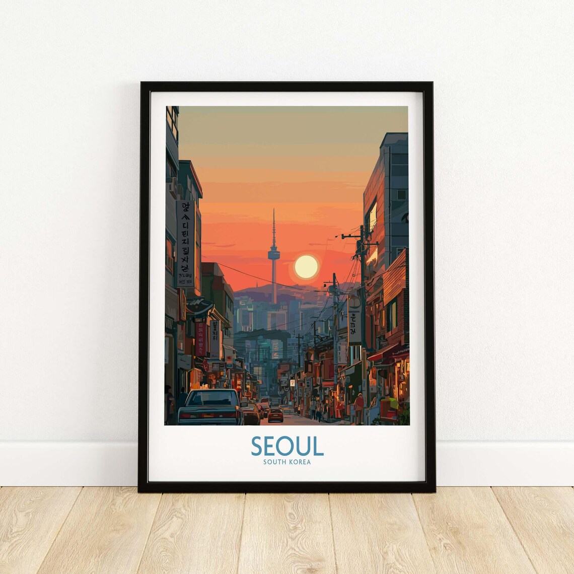 Seoul South Korea Sunset Street with N Seoul Tower View Poster