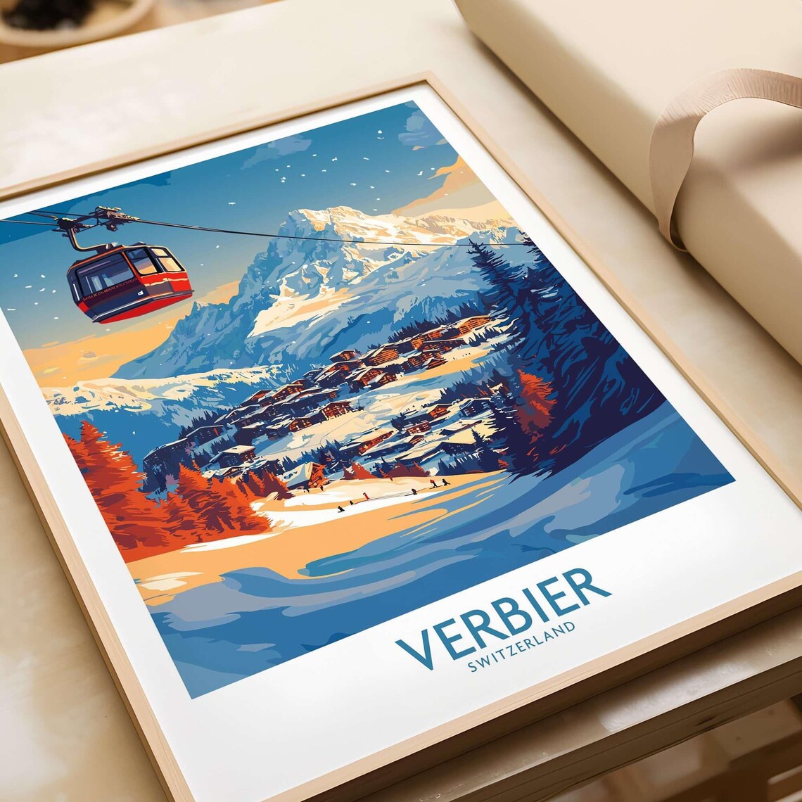 Verbier Switzerland Ski Resort Gondola Snow Peaks Travel Poster