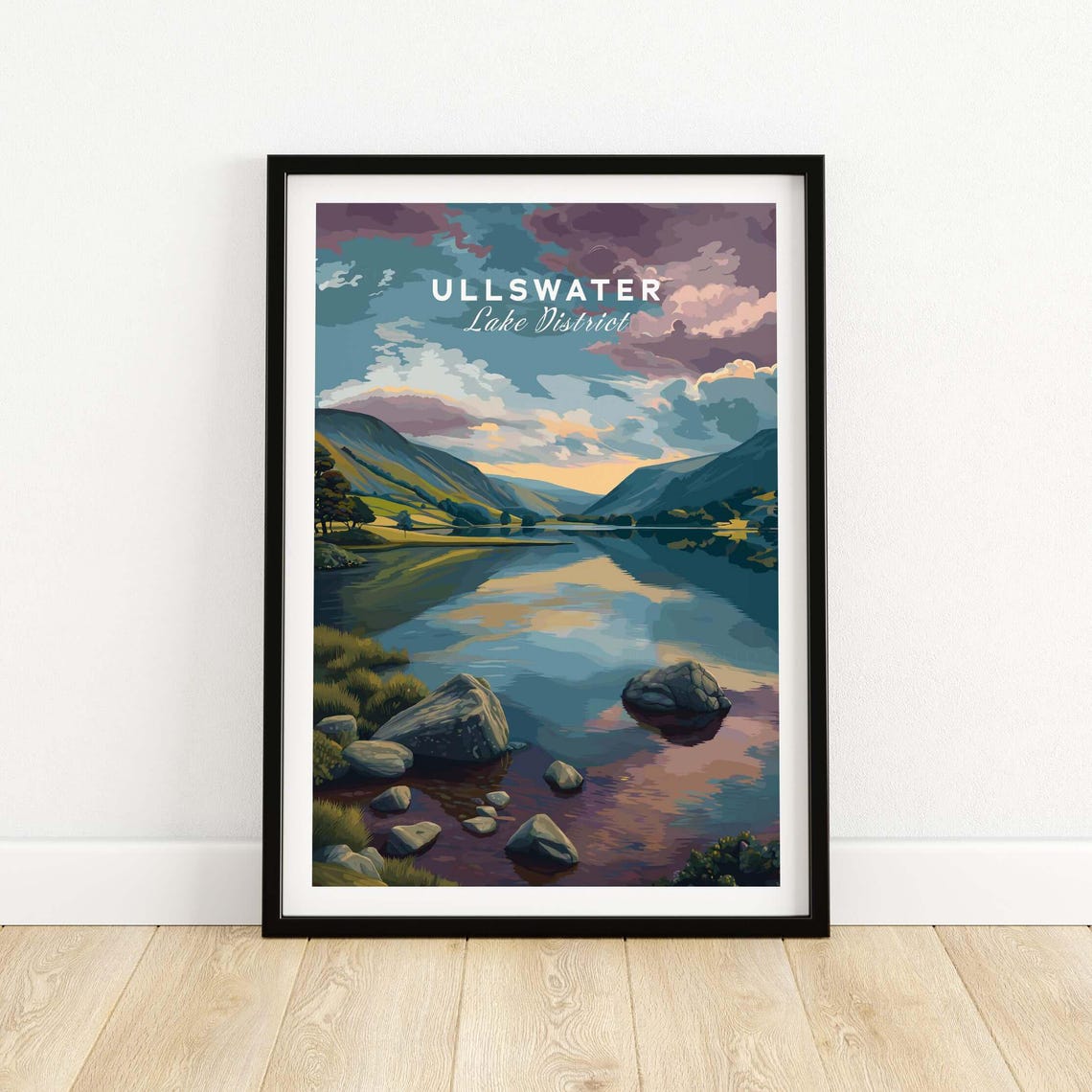 Ullswater Lake District Dramatic Sunset Reflection Poster with Rocks