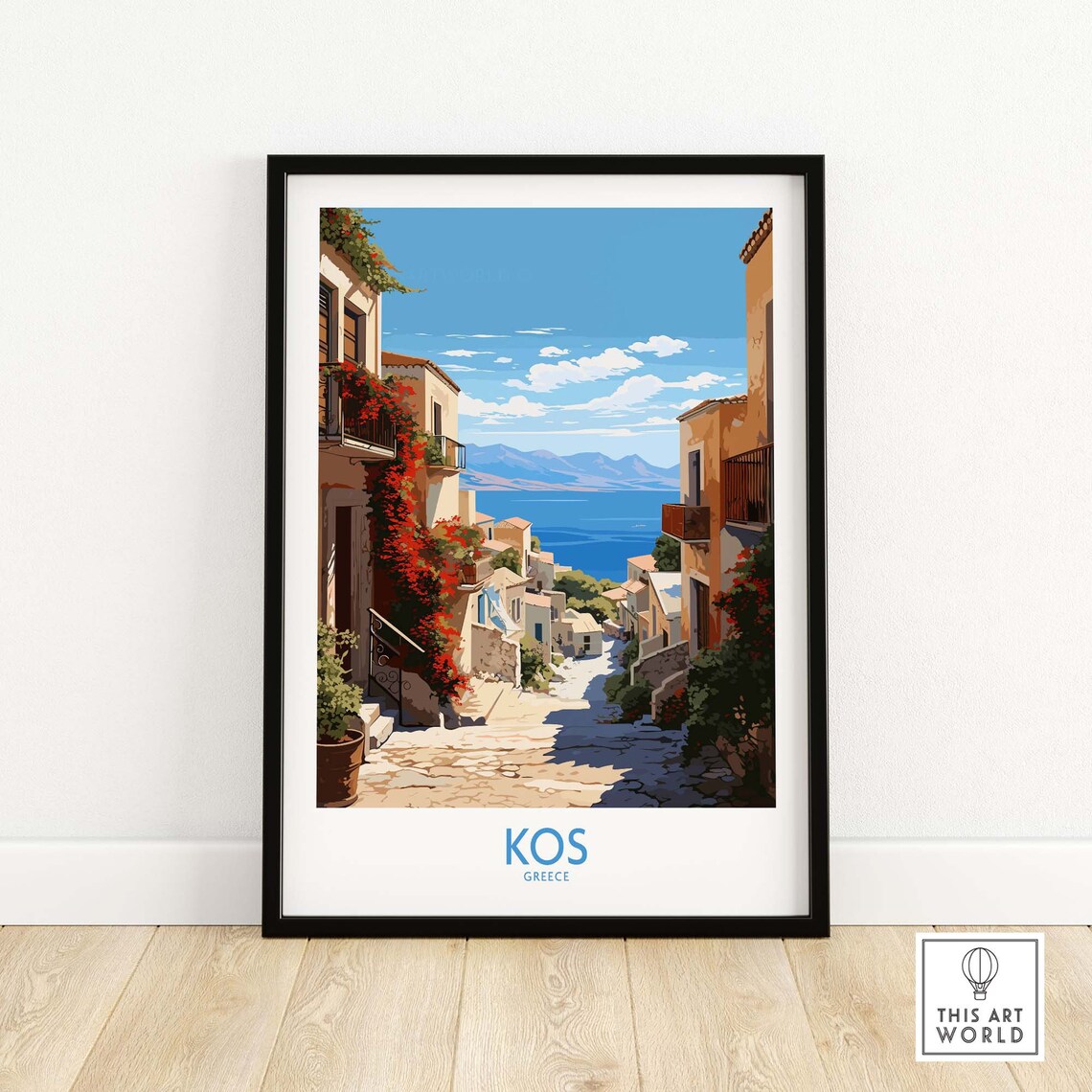 Kos Greece Cobblestone Old Town Lane Bougainvillea Sea View Poster