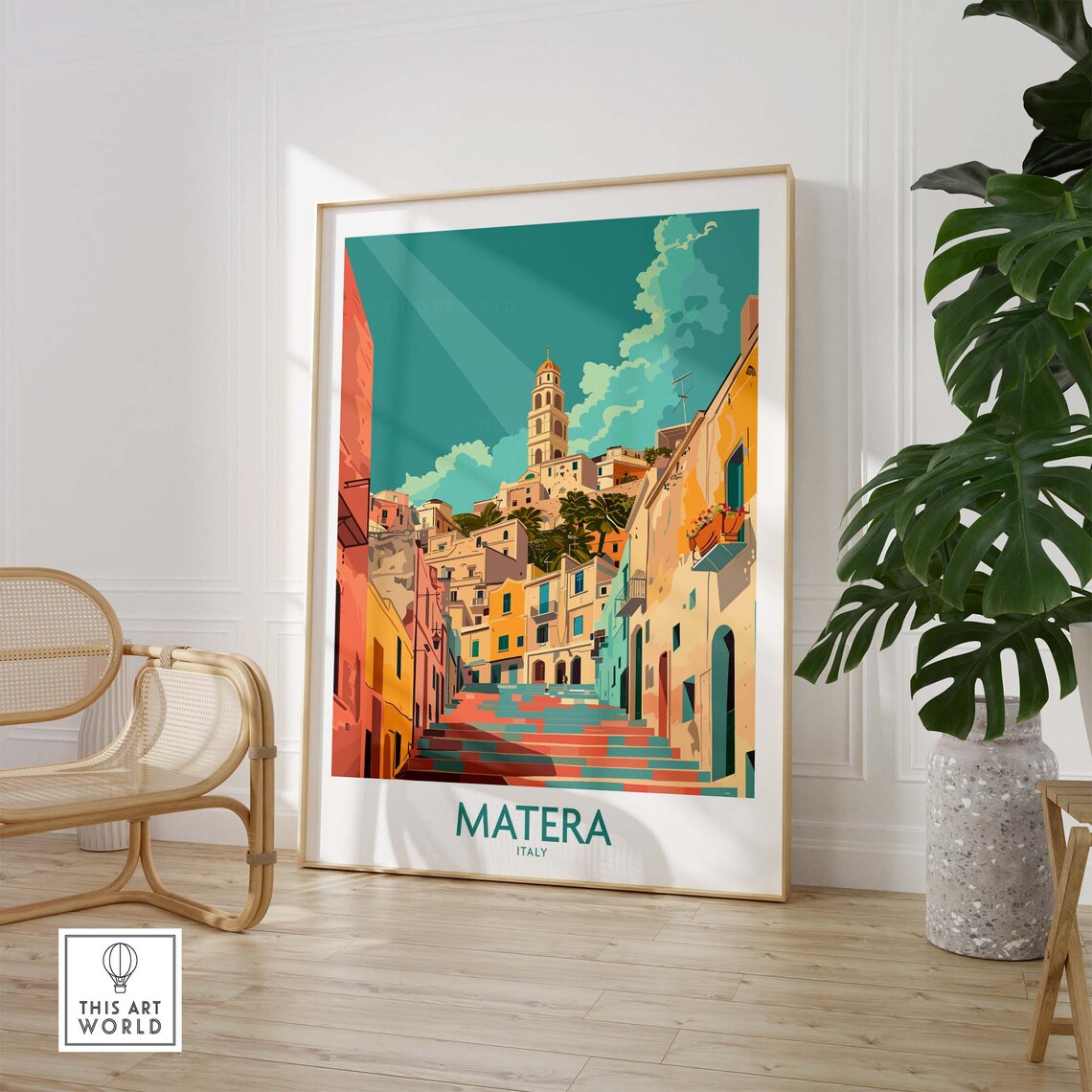 Matera Italy Sunlit Street Bell Tower Colorful Houses Poster - Image 2