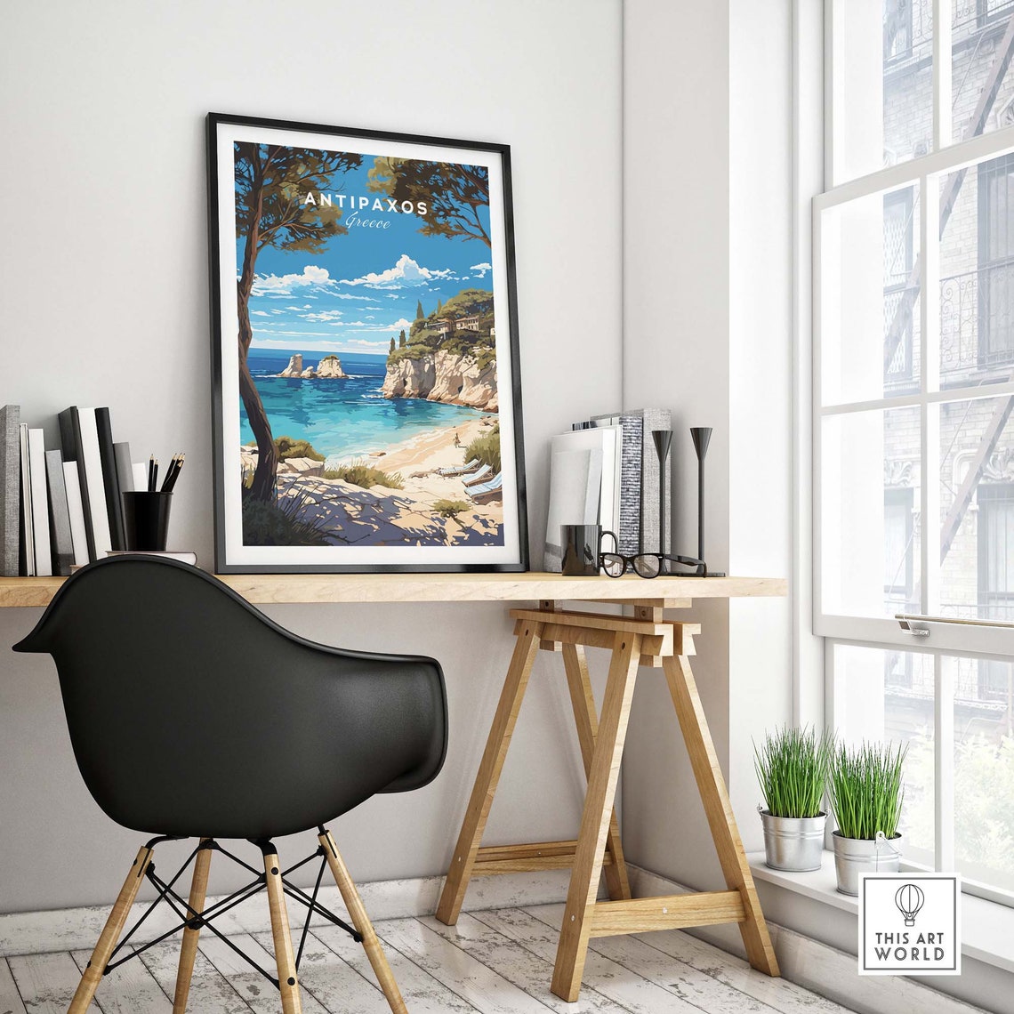 Antipaxos Greece Cliff Cove Turquoise Beach Illustration Poster - Image 4