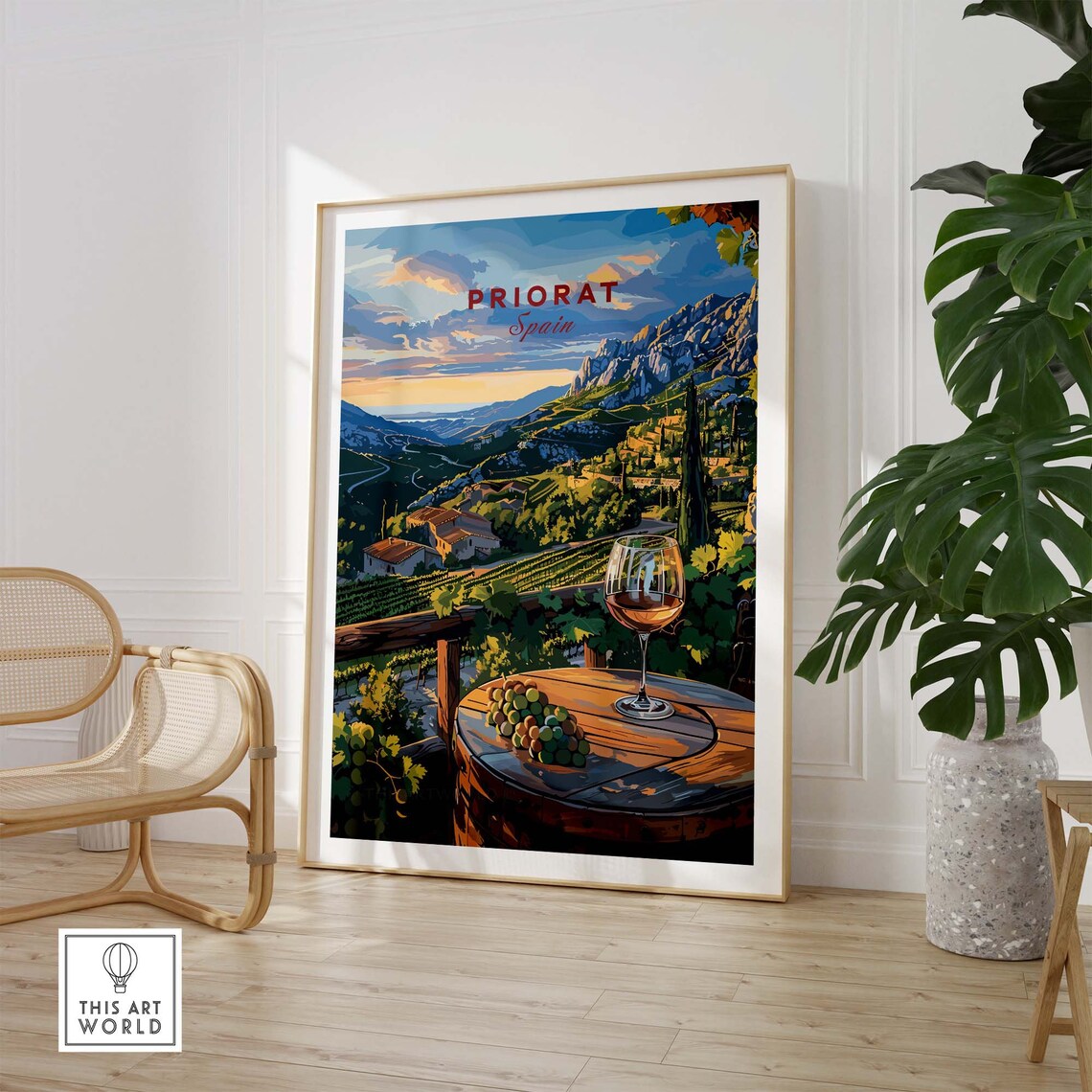 Priorat Spain Wine Glass Barrel Sunset Vineyard Scenic Poster - Image 2