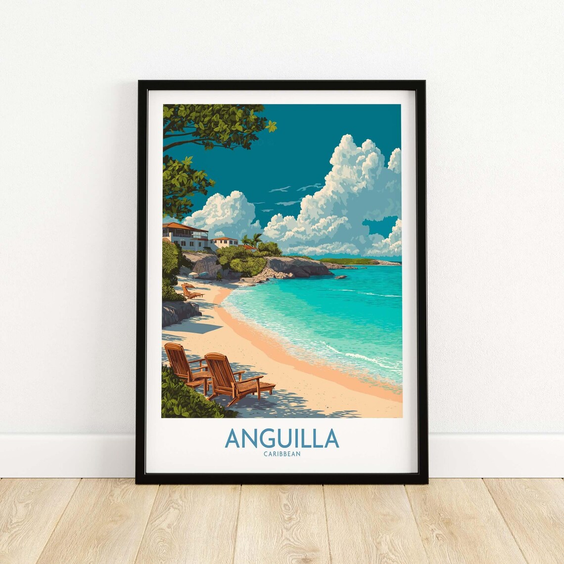 Anguilla Caribbean Empty Beach Chairs Turquoise Sea Travel Poster