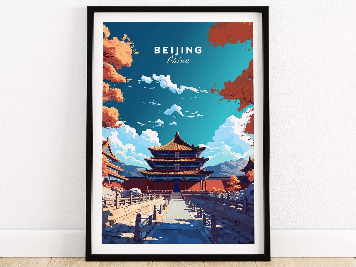 Beijing China Imperial Palace Hall Autumn Vintage Travel Poster