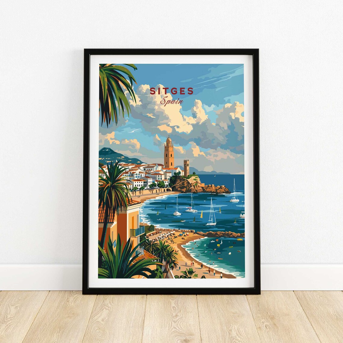 Sunny Sitges Spain Beach Church Sailboats Palm Coast View Poster - Image 4