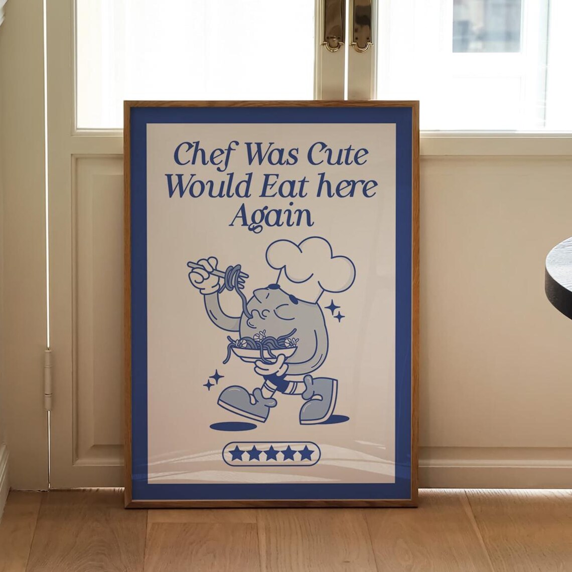 Chef Was Cute Would Eat Here Again Retro Blue Kitchen Review Poster