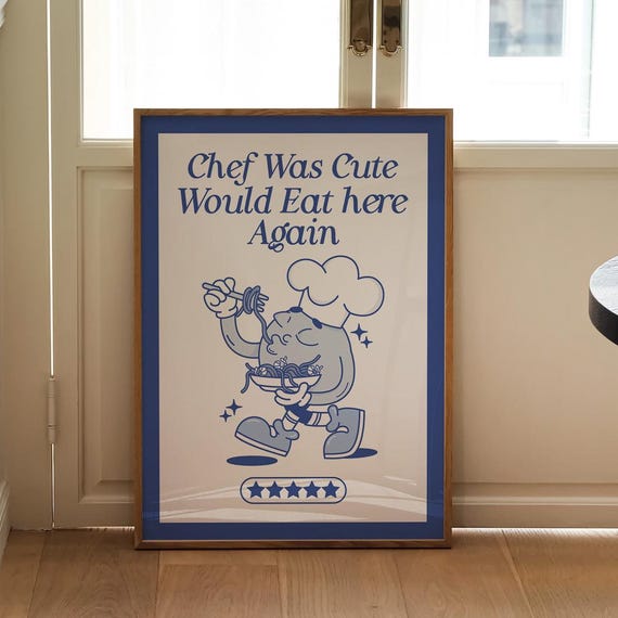Chef Was Cute Print Blue Kitchen Wall Art Gifts For Trendy Prints Retro Dining Room Instant