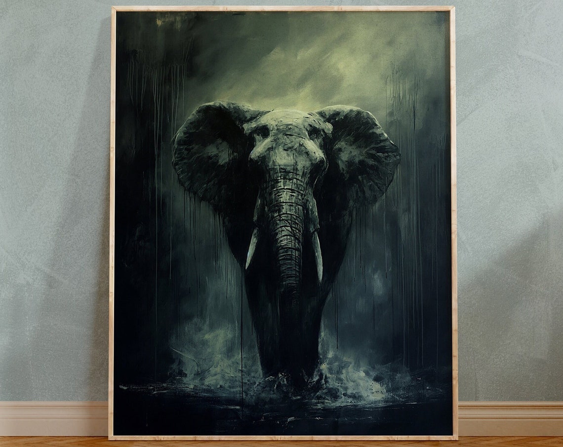 Elephant Emerging in the Rain Moody Monochrome Wildlife Art Poster