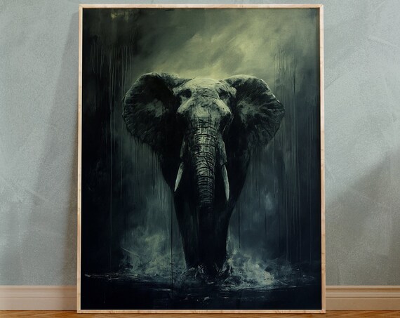 Elephant Emerging in the Rain Moody Monochrome Wildlife Art Poster