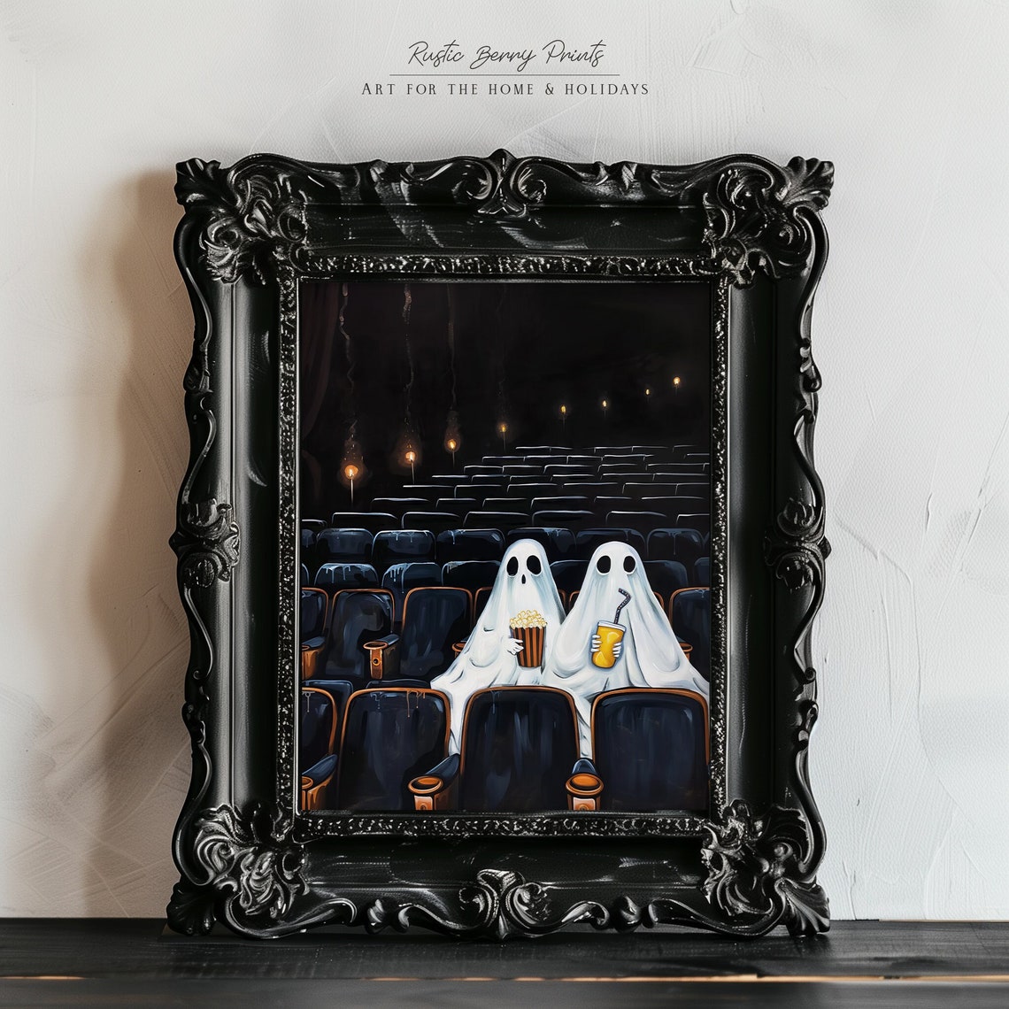 Two Ghosts Movie Night Popcorn Date Funny Halloween Theater Wall Art