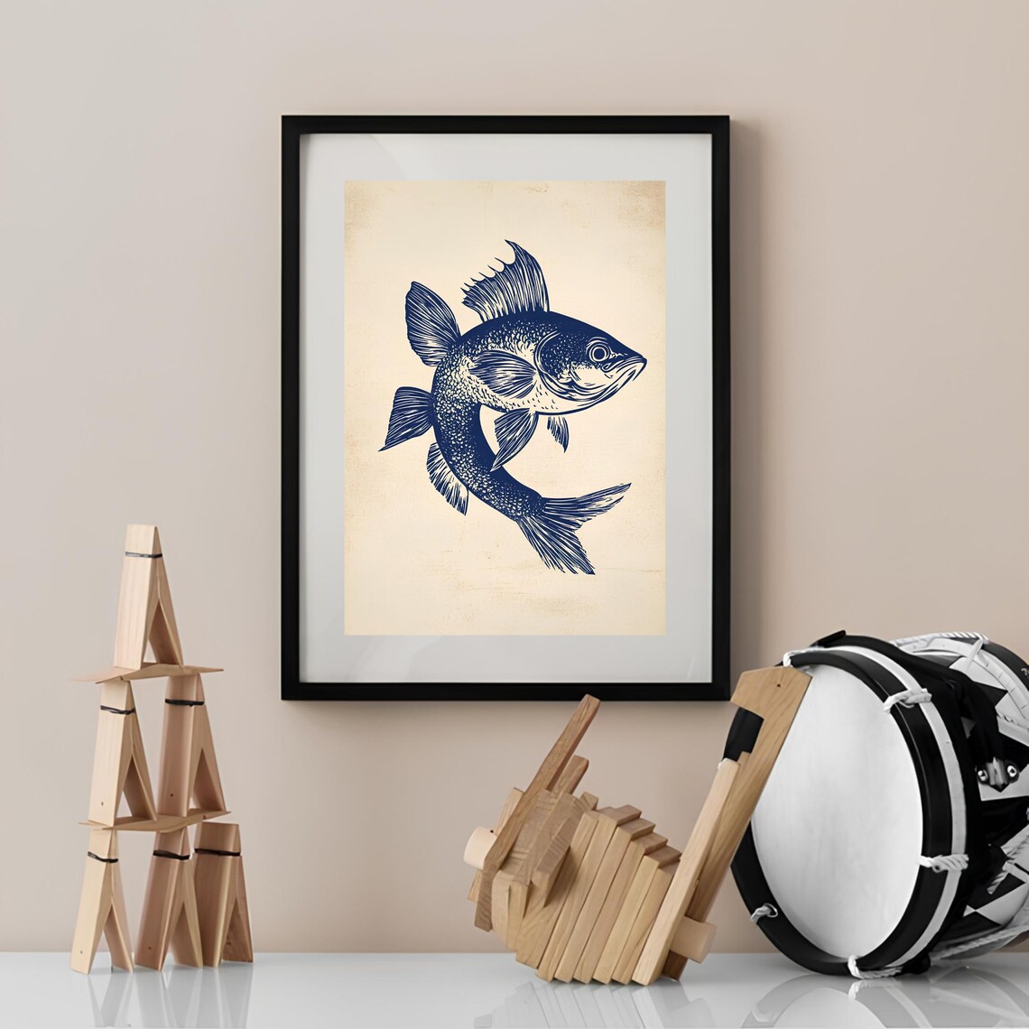 Navy Blue Fish Linocut with Spiny Dorsal Fin Vintage Style Art Poster - Image 2