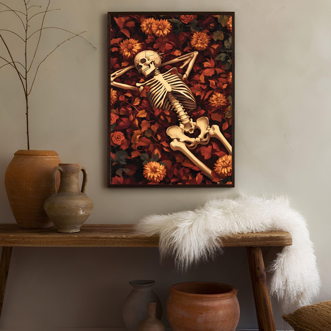 Skeleton Resting Among Autumn Leaves And Dahlias Halloween Poster - Image 3
