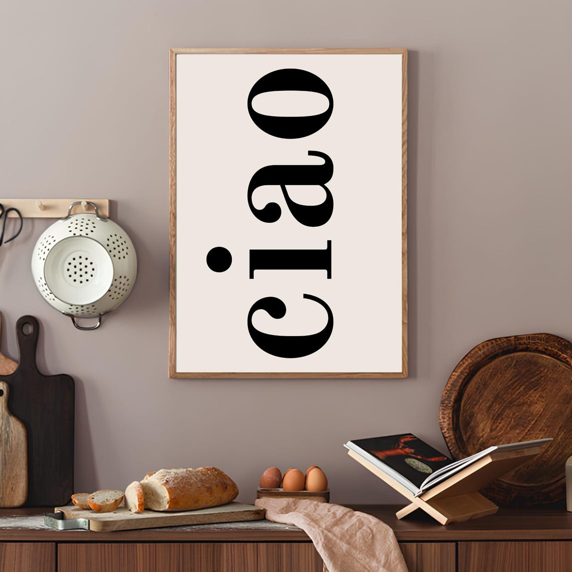 Ciao Minimalist Black Serif Greeting Typography on Beige Wall Art - Image 3