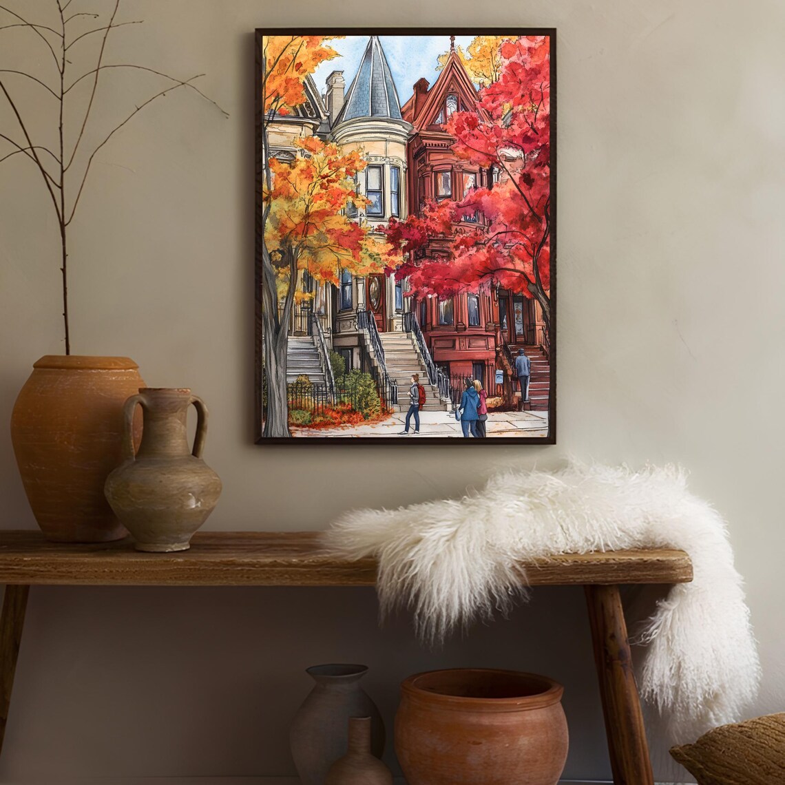 Brooklyn Brownstones Autumn Fall Foliage Watercolor Street Poster - Image 3