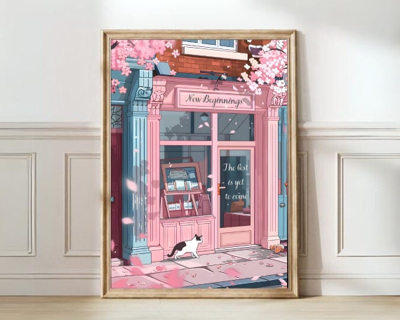 Cherry Blossom Print Bookshop Print Coffee Print Cafe Wall Art Prink Wall Art Kitchen Print Dreamy Print Pink Illustration Print