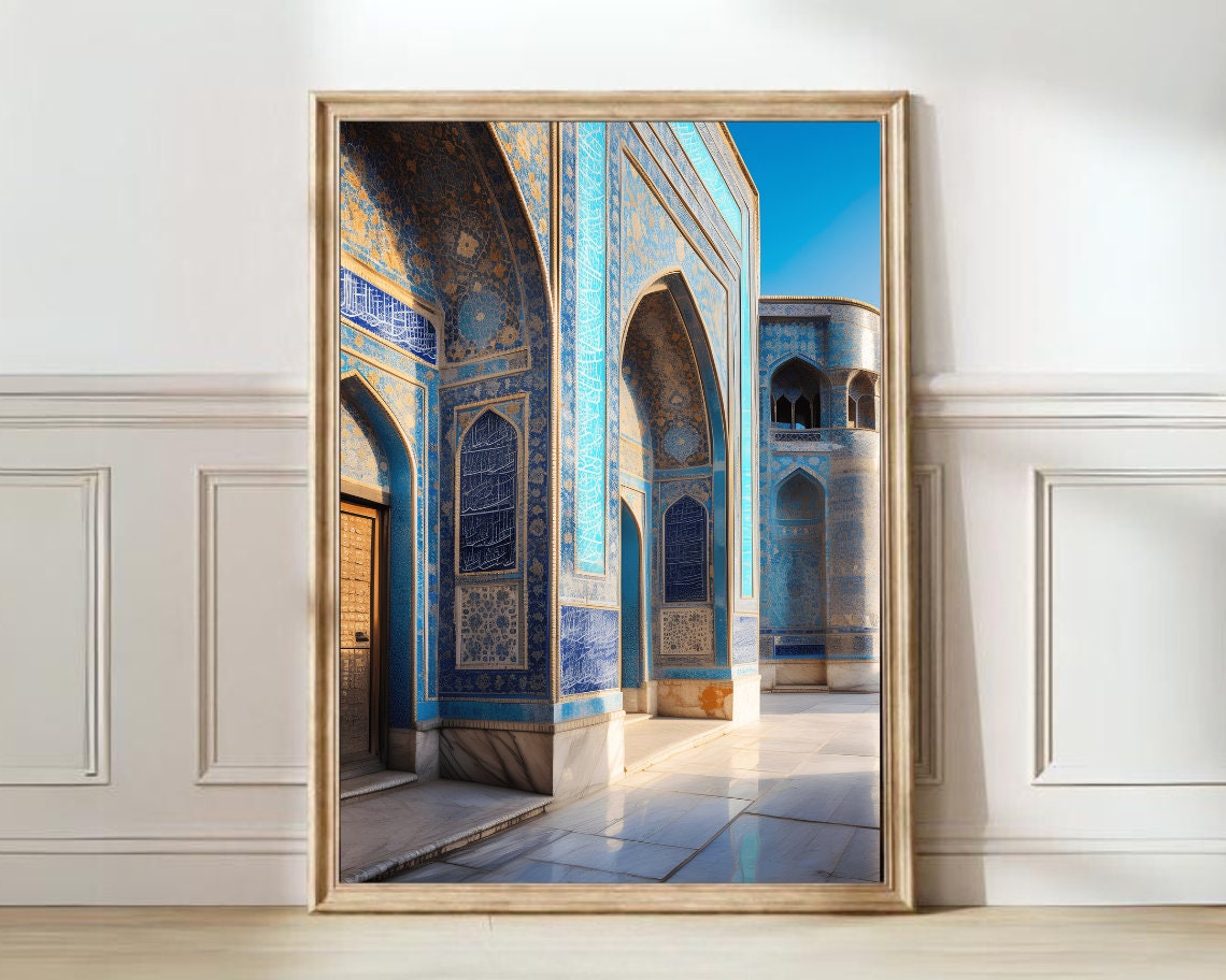 Ornate Blue Mosque Tilework Arches In Morning Light Art Poster