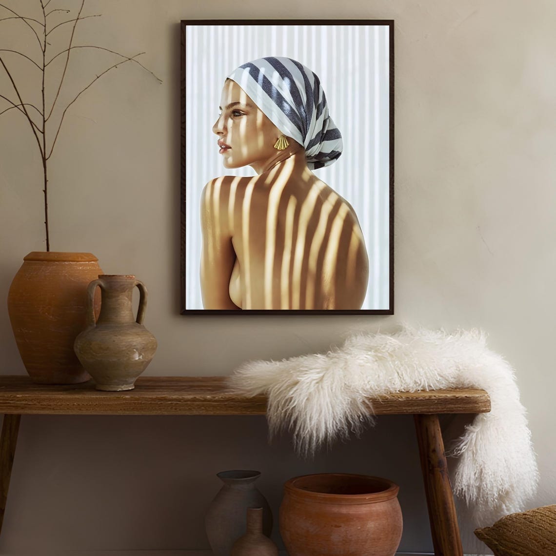 Striped Headscarf Fashion Portrait Light Shadow Beauty Wall Art - Image 3