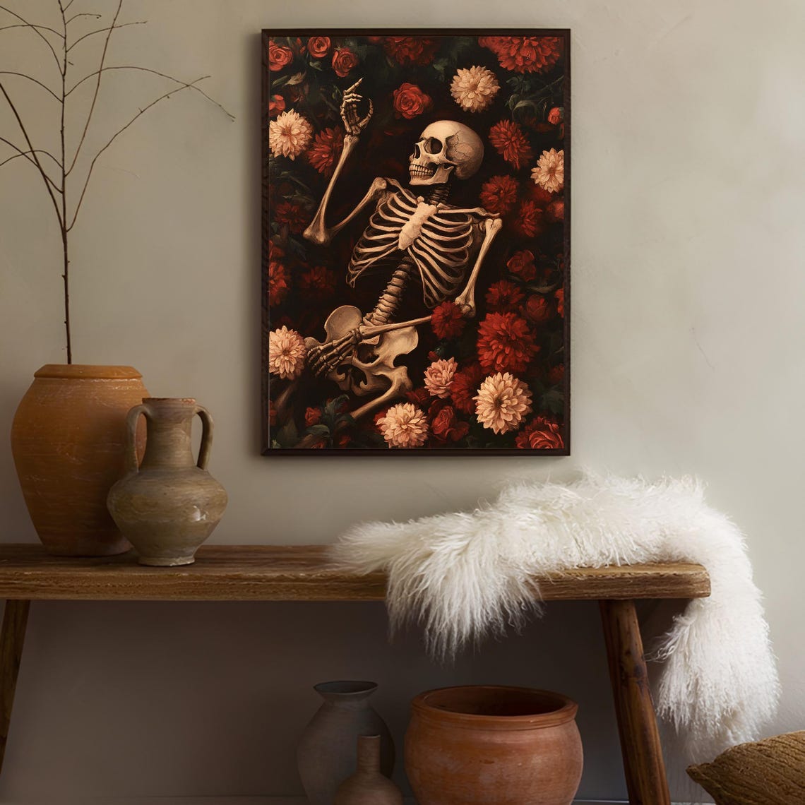 Skeleton Pointing Among Red Roses Dark Floral Halloween Poster - Image 3