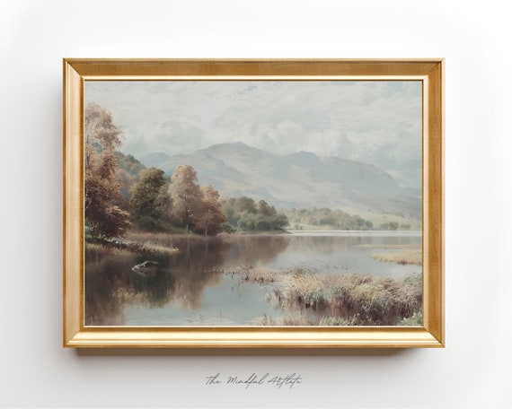 Vintage Lake Painting Vintage Landscape Painting Lake Print Vintage Print Farmhouse Decor Rustic Country Art Print