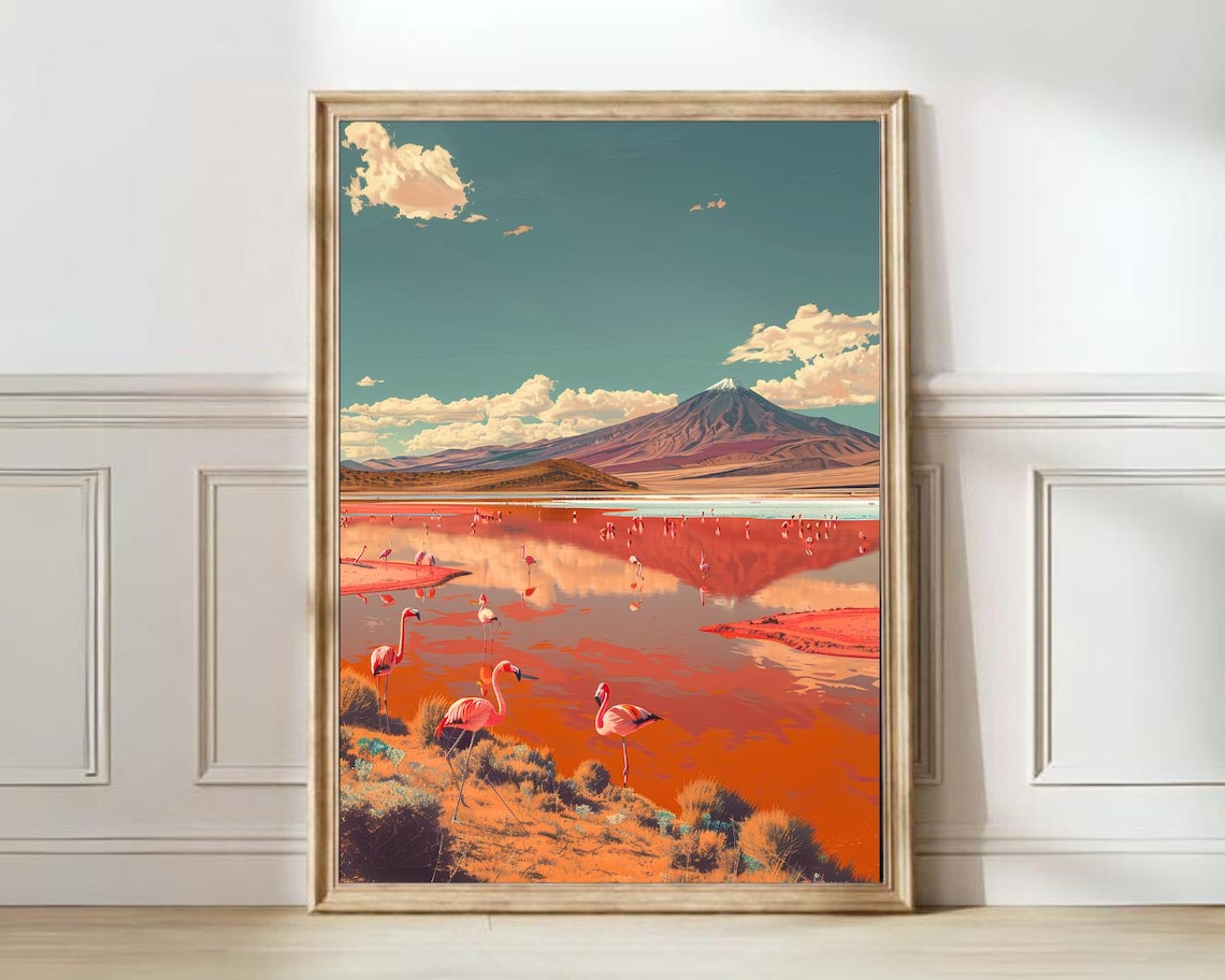 Flamingos at Red Salt Lake with Volcano Bolivia Travel Poster