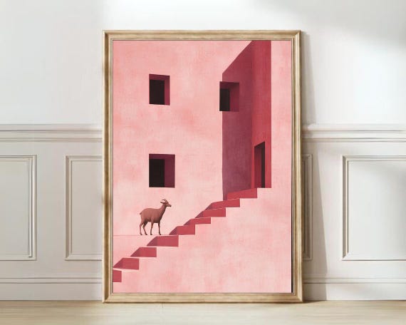 Goat Pink House Print Morocco Print Pink Wall Art Pastel Print Colorful Print Pink Architecture Print Cute Goat Print