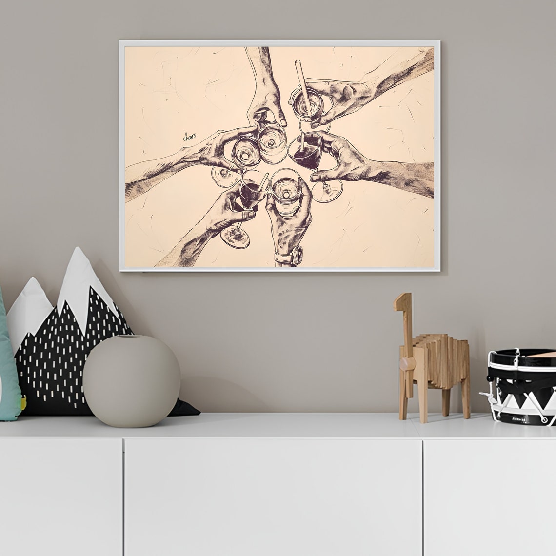 Cheers Clinking Cocktail Glasses Sketch Bar Cart Decor Art Poster - Image 2
