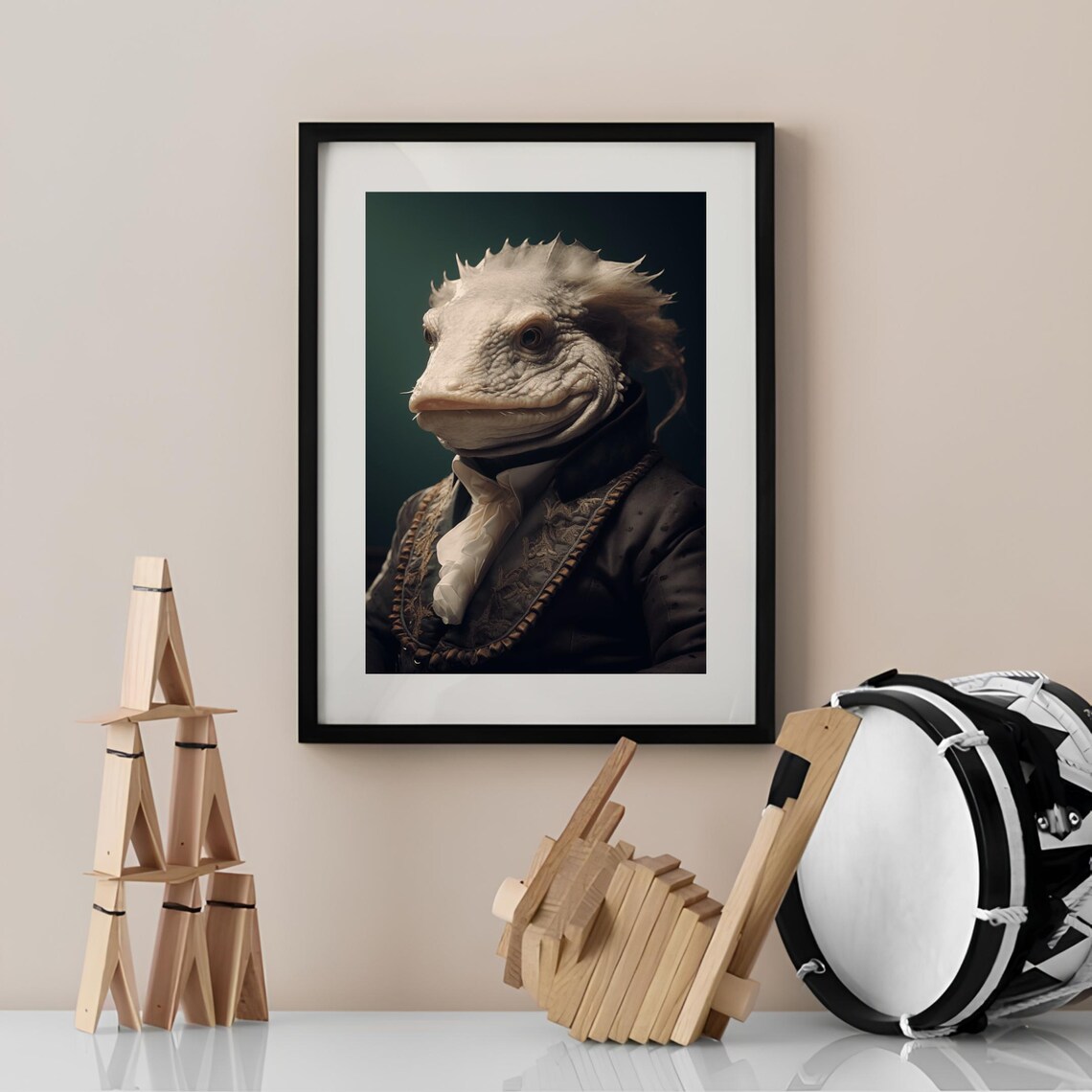 Victorian Axolotl Portrait with White Cravat Dark Charming Animal Poster - Image 3