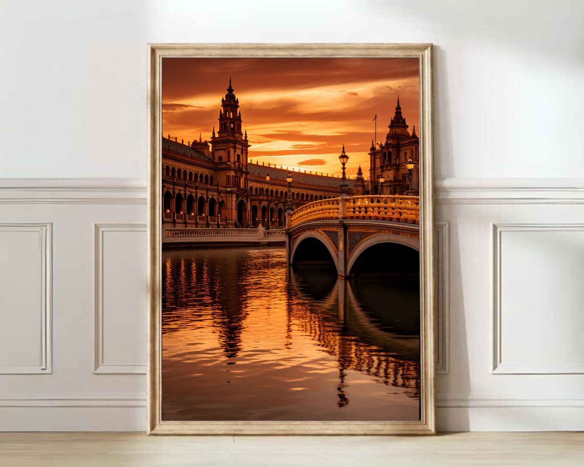 Seville Plaza De Espana Golden Sunset Water Reflection Poster