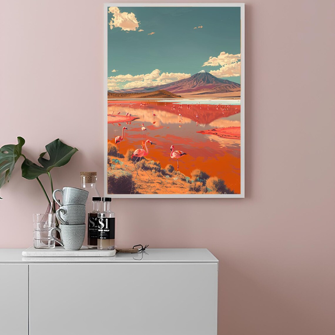 Flamingos at Red Salt Lake with Volcano Bolivia Travel Poster - Image 2