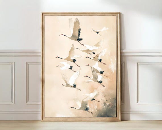 Japanese Crane Art Vintage Japanese Print Crane Painting Pastel Bird Print Vintage Neutral Print Japandi Print Wabi Sabi Print
